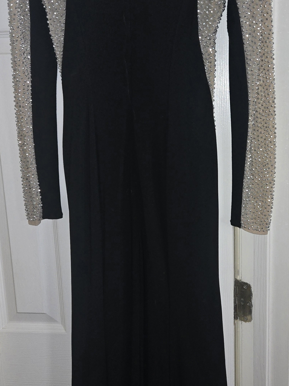 Source Unknown Black Long-Sleeve Dress with Beaded Nude Sleeves
